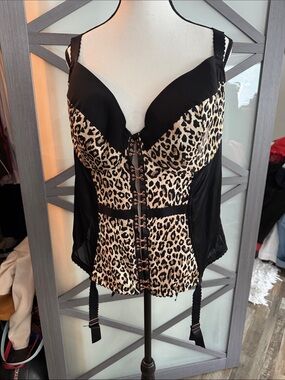 Cacique Leopard Print Bustier Demi Corset Top - Black & Beige 26/28